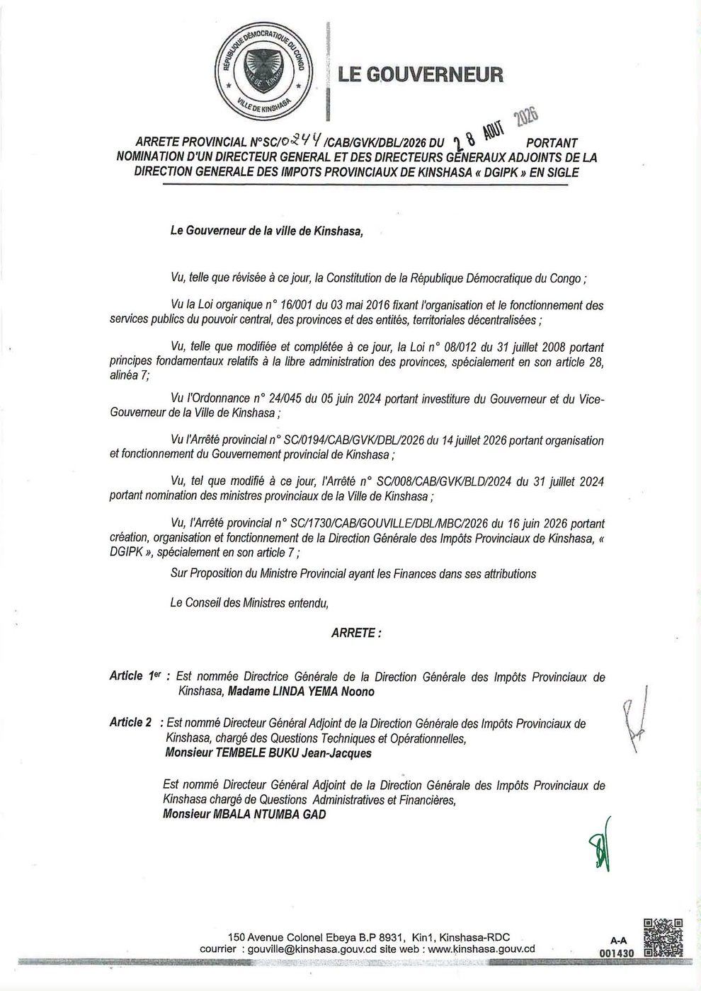 Première page de l'arrêté SC/0244/CAB/GVK/DBL/2026